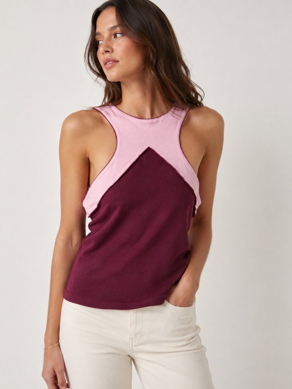 Maeve Anthropologie Colorblock Sleeveless Top Women’s XL Pink Burgundy Open Back